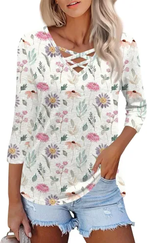 3/4 Length Sleeve Womens Tops Cross Collar Floral Print Lightweight Going Out T-Shirts Summer Casual Fashion Tees 2025