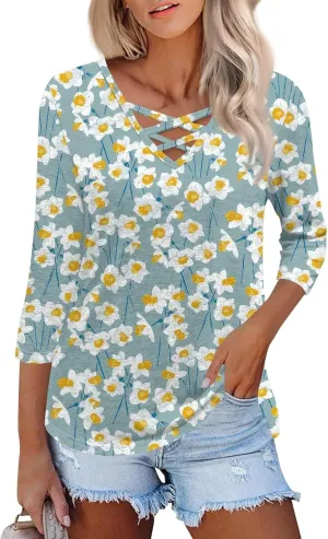 3/4 Length Sleeve Womens Tops Cross Collar Floral Print Lightweight Going Out T-Shirts Summer Casual Fashion Tees 2025
