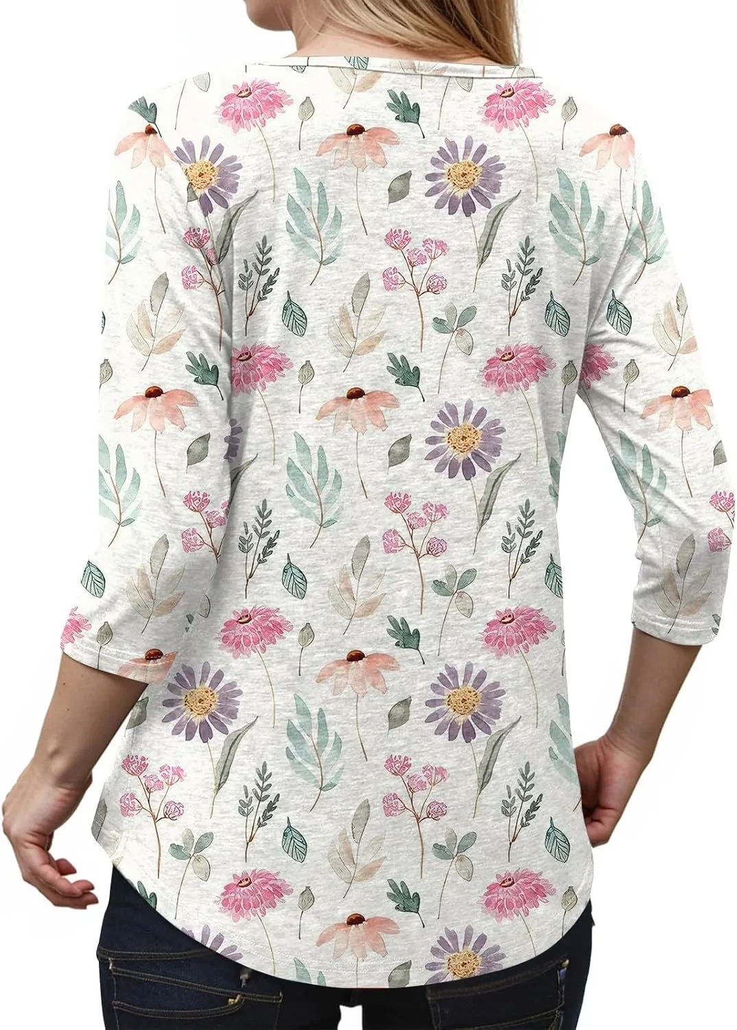 3/4 Length Sleeve Womens Tops Cross Collar Floral Print Lightweight Going Out T-Shirts Summer Casual Fashion Tees 2025