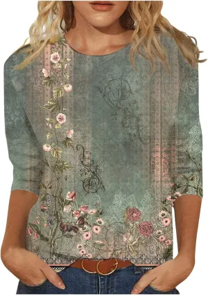 3/4 Length Sleeve Womens Tops Dressy Casual Cute Print Graphic Tees Blouses Casual Plus Size Basic Tops