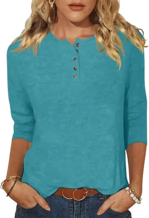 3/4 Length Sleeve Womens Tops Henley Crewneck Button Up T Shirts Dressy Casual Blouse Tunics 2024 Fall Trendy Clothes