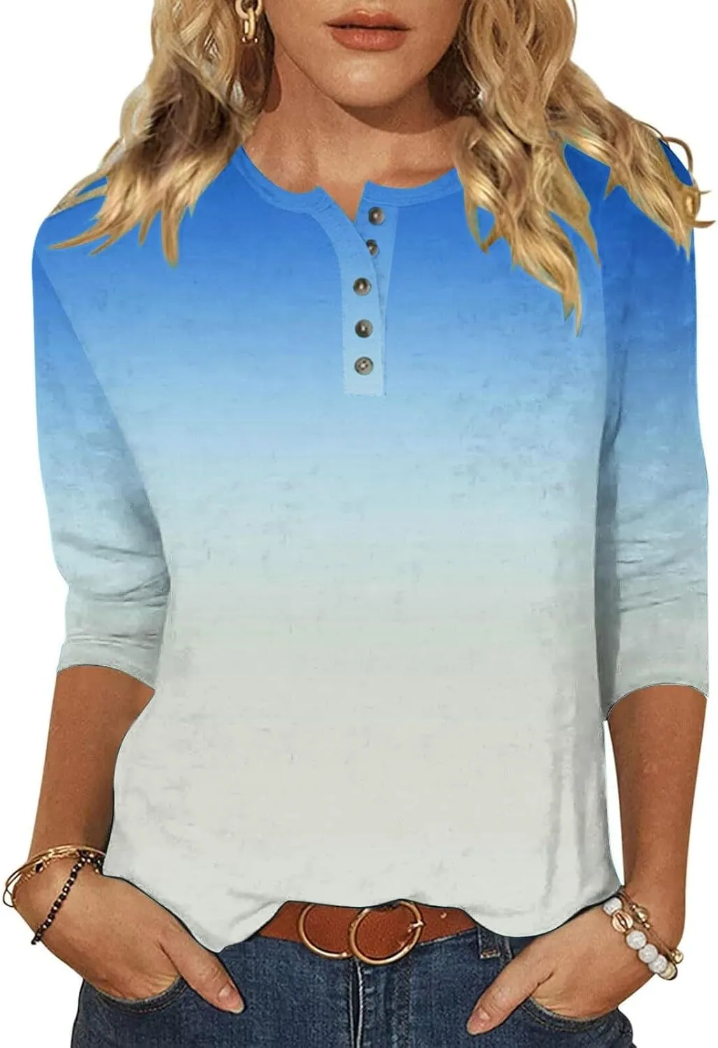 3/4 Length Sleeve Womens Tops Henley Crewneck Button Up T Shirts Dressy Casual Blouse Tunics 2024 Fall Trendy Clothes