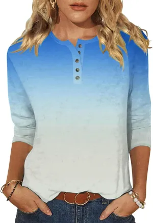 3/4 Length Sleeve Womens Tops Henley Crewneck Button Up T Shirts Dressy Casual Blouse Tunics 2024 Fall Trendy Clothes