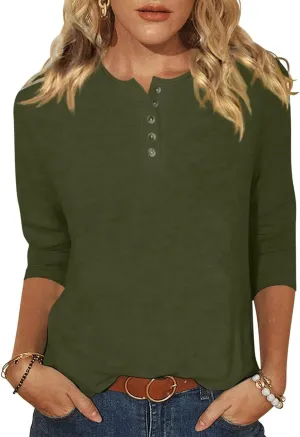 3/4 Length Sleeve Womens Tops Henley Crewneck Button Up T Shirts Dressy Casual Blouse Tunics 2024 Fall Trendy Clothes
