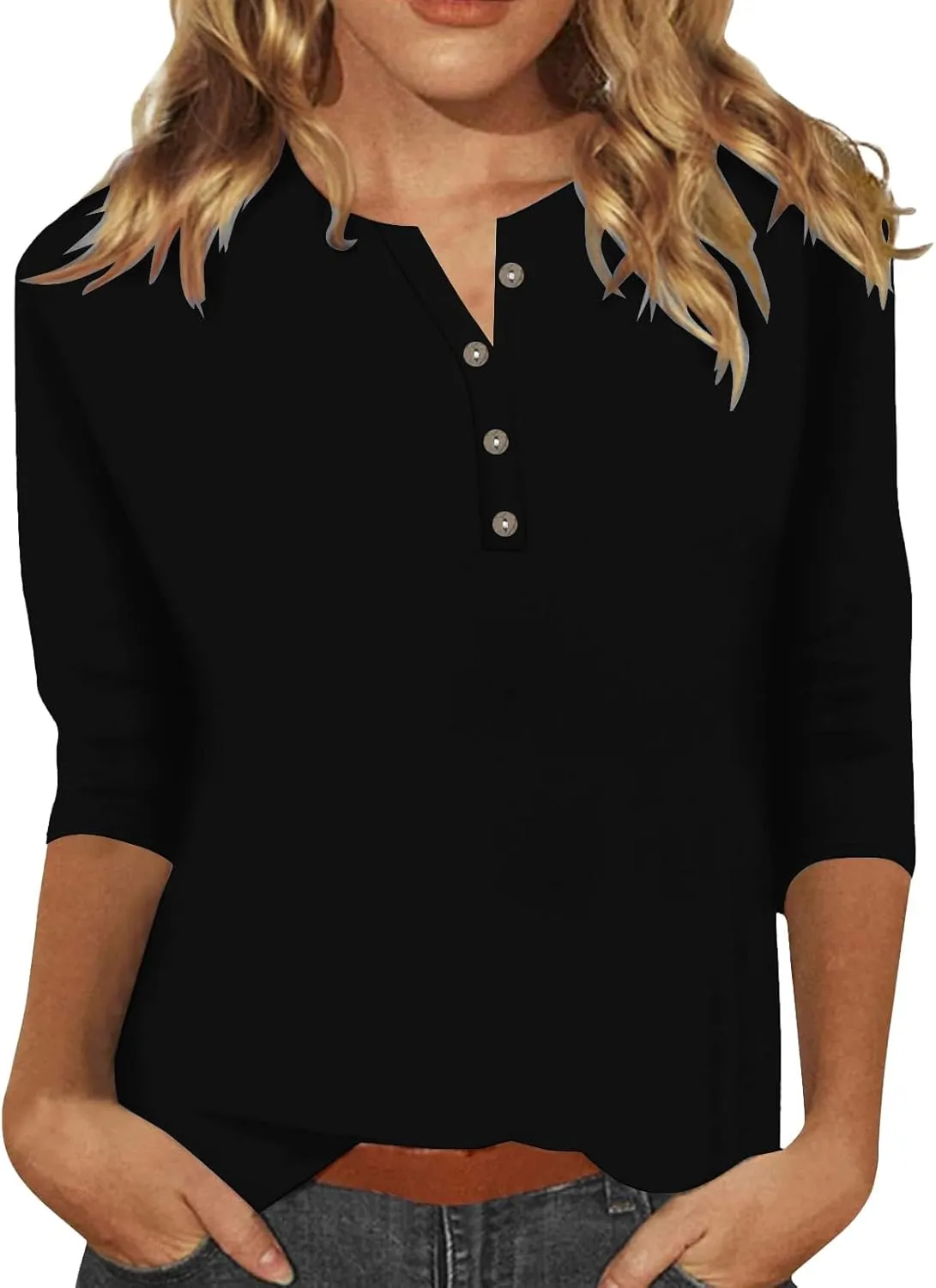 3/4 Length Sleeve Womens Tops Plus Size Button Up Summer Blouse Henley V Neck T Shirts Casual Dressy Tees
