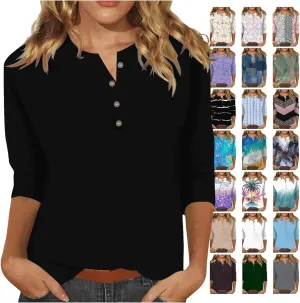 3/4 Length Sleeve Womens Tops Plus Size Button Up Summer Blouse Henley V Neck T Shirts Casual Dressy Tees