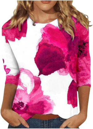 3/4 Length Sleeve Womens Tops Round Neck Trendy Casual Blouses Loose Fit Floral T-Shirt Shirts