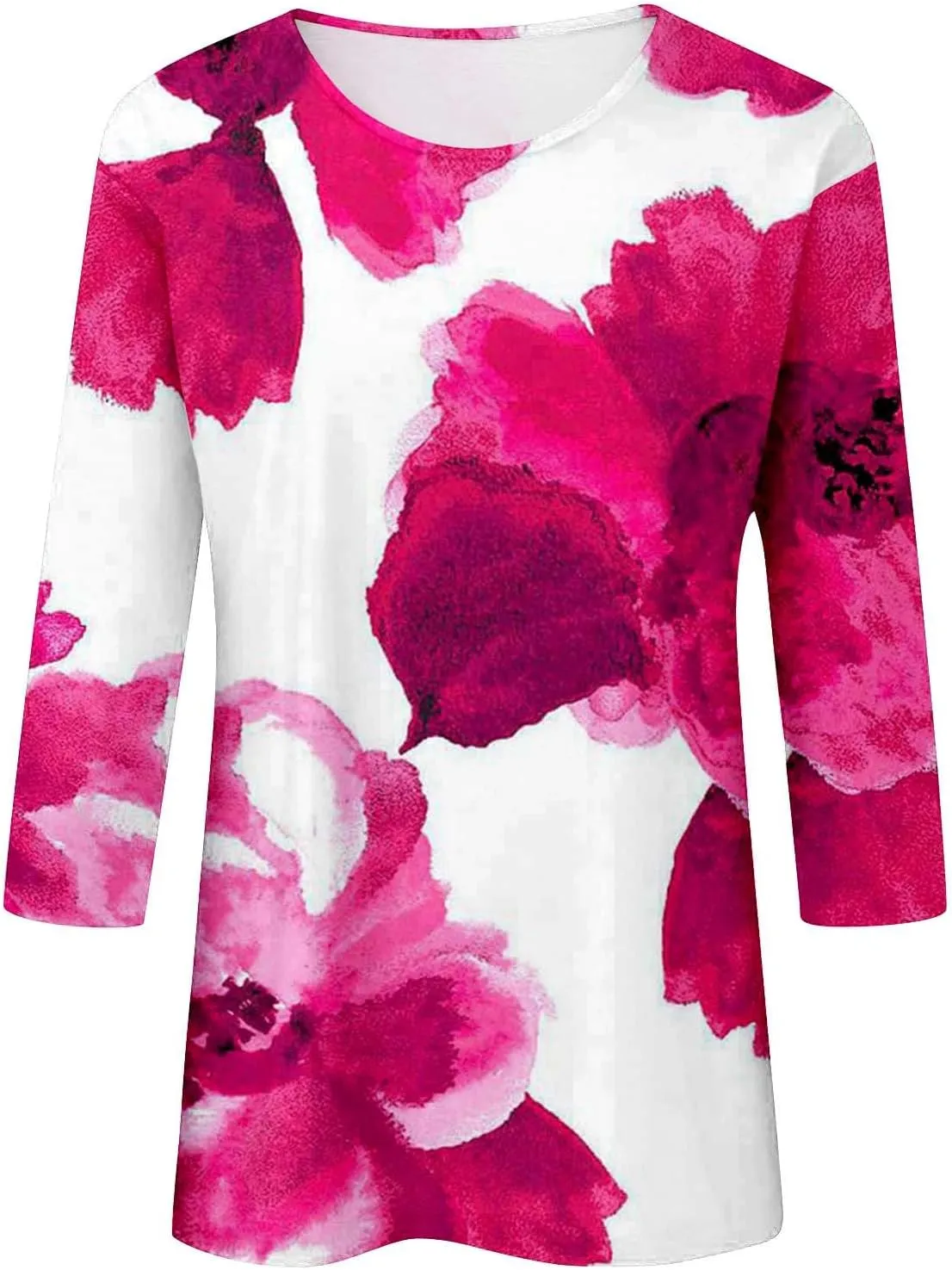 3/4 Length Sleeve Womens Tops Round Neck Trendy Casual Blouses Loose Fit Floral T-Shirt Shirts