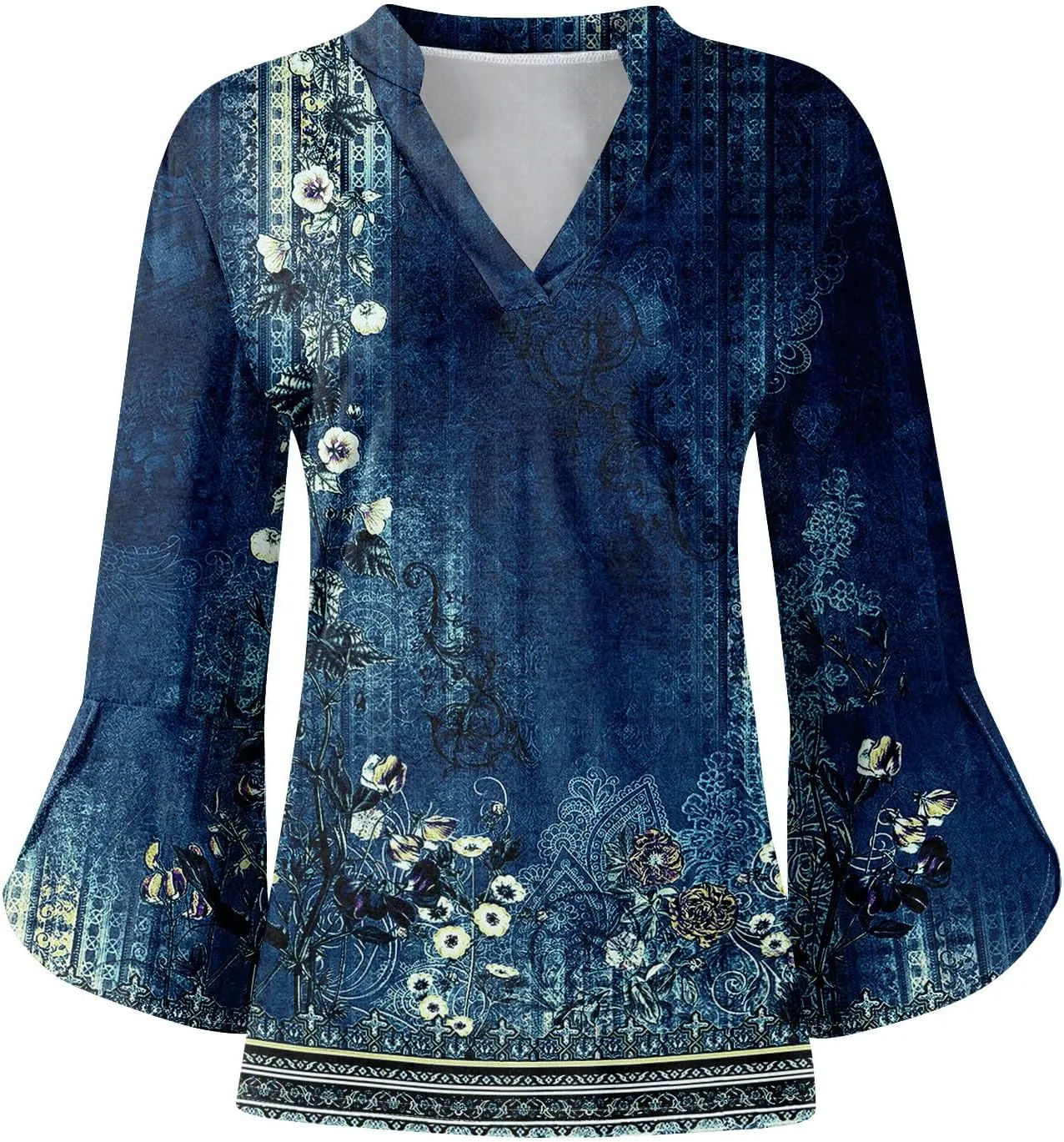 3/4 Length Sleeve Womens Tops V Neck Spring Outfits 2025 Trendy Petal Bell Sleeve Fitted Tunics Tops Shirts