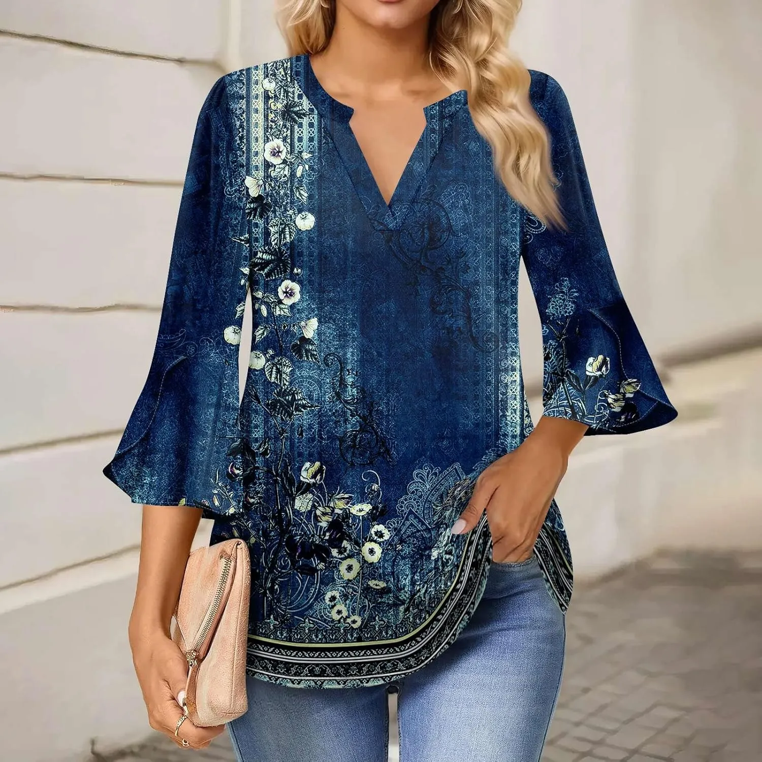 3/4 Length Sleeve Womens Tops V Neck Spring Outfits 2025 Trendy Petal Bell Sleeve Fitted Tunics Tops Shirts