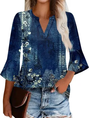 3/4 Length Sleeve Womens Tops V Neck Spring Outfits 2025 Trendy Petal Bell Sleeve Fitted Tunics Tops Shirts