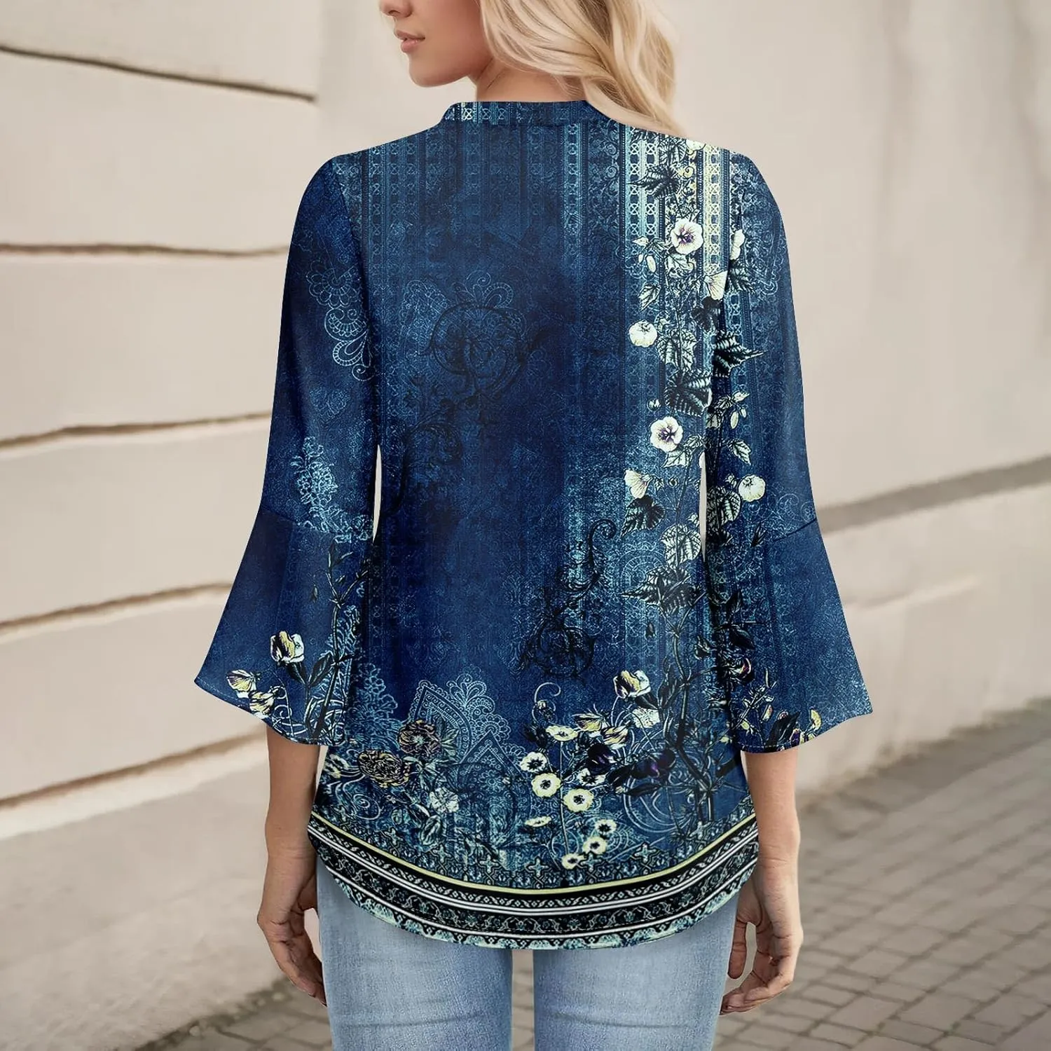3/4 Length Sleeve Womens Tops V Neck Spring Outfits 2025 Trendy Petal Bell Sleeve Fitted Tunics Tops Shirts