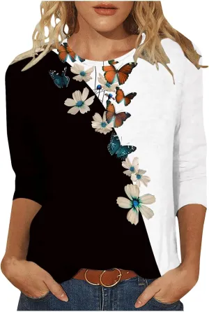 3/4 Sleeve Tops for Women Summer Butterfly Floral Paisley Print Tees Shirt Trendy Ladies Blouse Dressy Casual Clothing