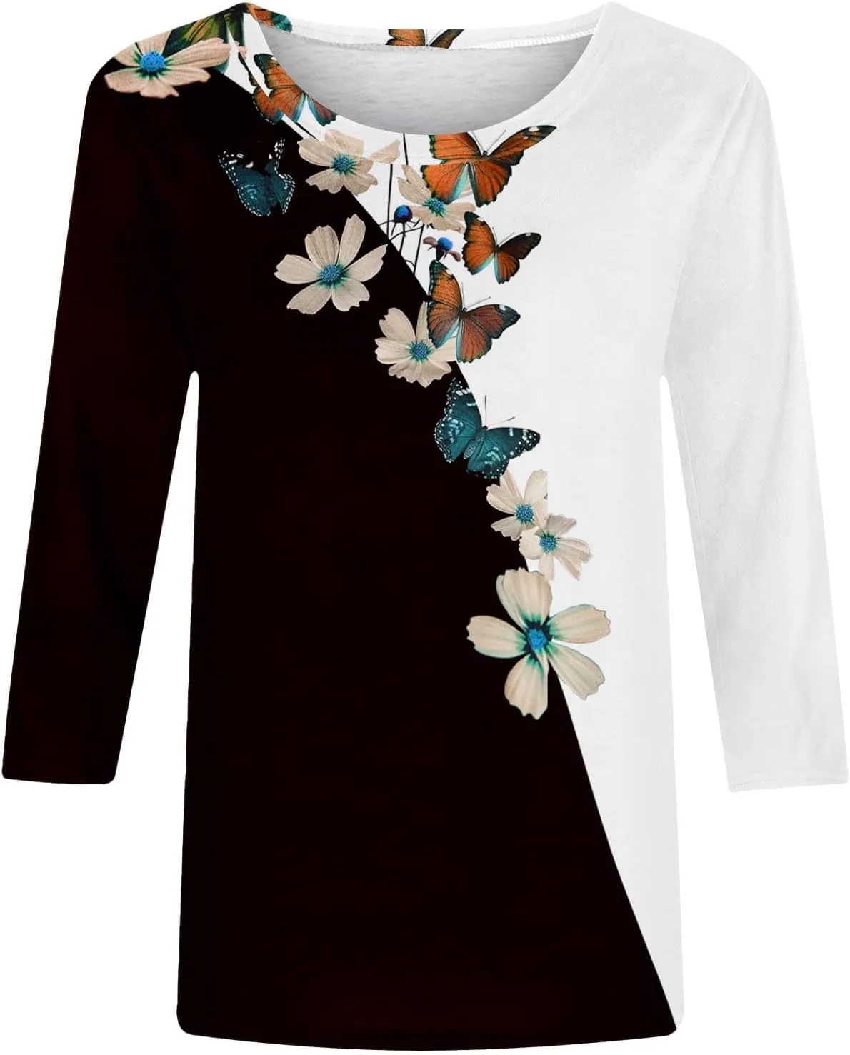 3/4 Sleeve Tops for Women Summer Butterfly Floral Paisley Print Tees Shirt Trendy Ladies Blouse Dressy Casual Clothing