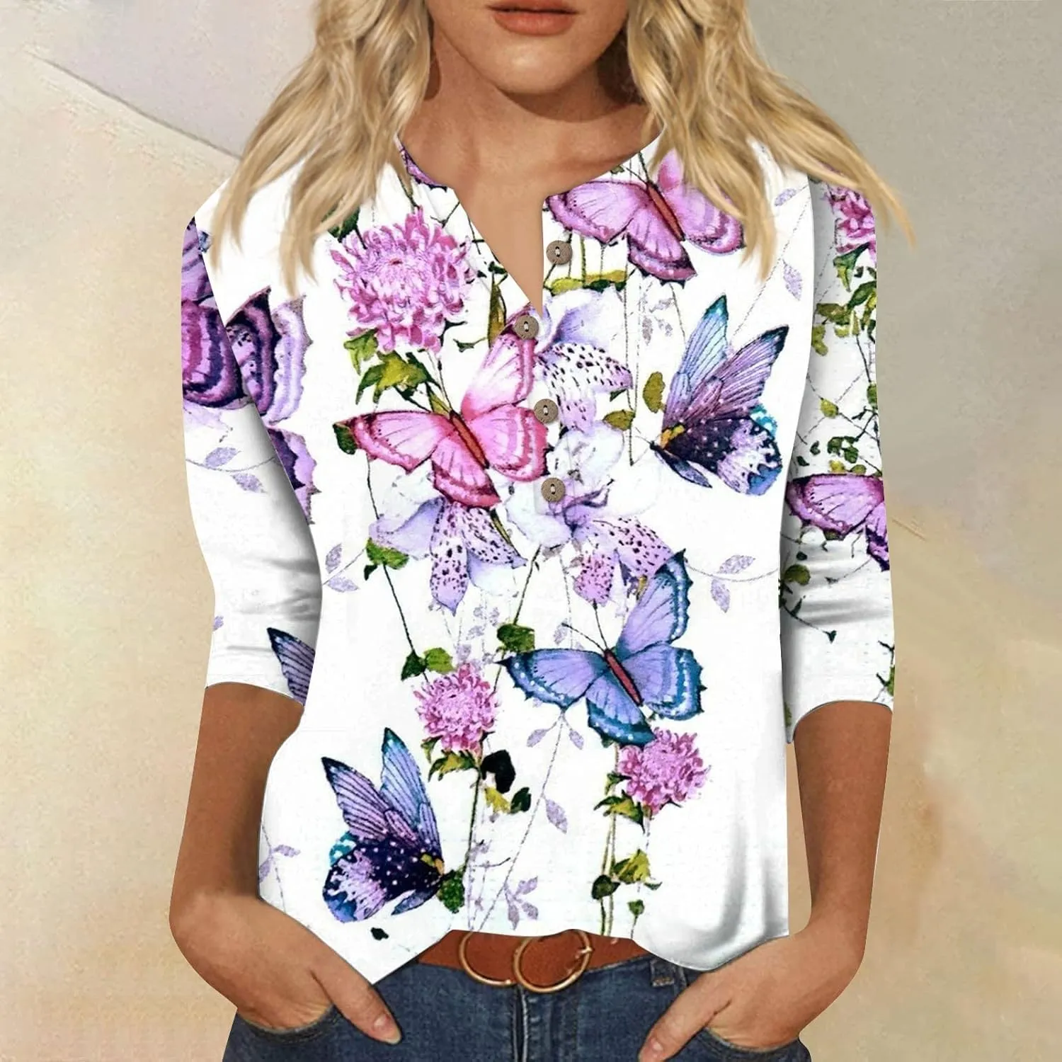 3/4 Sleeve Tops for Women Work Tops Summer Tie Dye Shirt Casual Shirt Button Down Crewneck Tops Trendy Plus Size