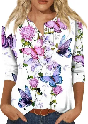 3/4 Sleeve Tops for Women Work Tops Summer Tie Dye Shirt Casual Shirt Button Down Crewneck Tops Trendy Plus Size