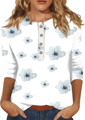 3/4 Sleeve Tops for Women Work Tops Summer Tie Dye Shirt Casual Shirt Button Down Crewneck Tops Trendy Plus Size
