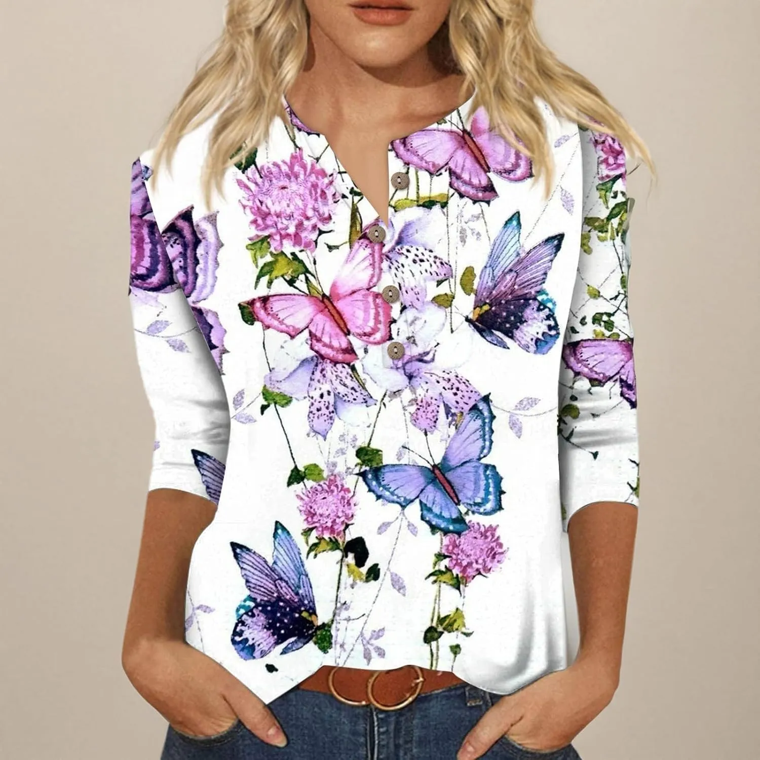 3/4 Sleeve Tops for Women Work Tops Summer Tie Dye Shirt Casual Shirt Button Down Crewneck Tops Trendy Plus Size