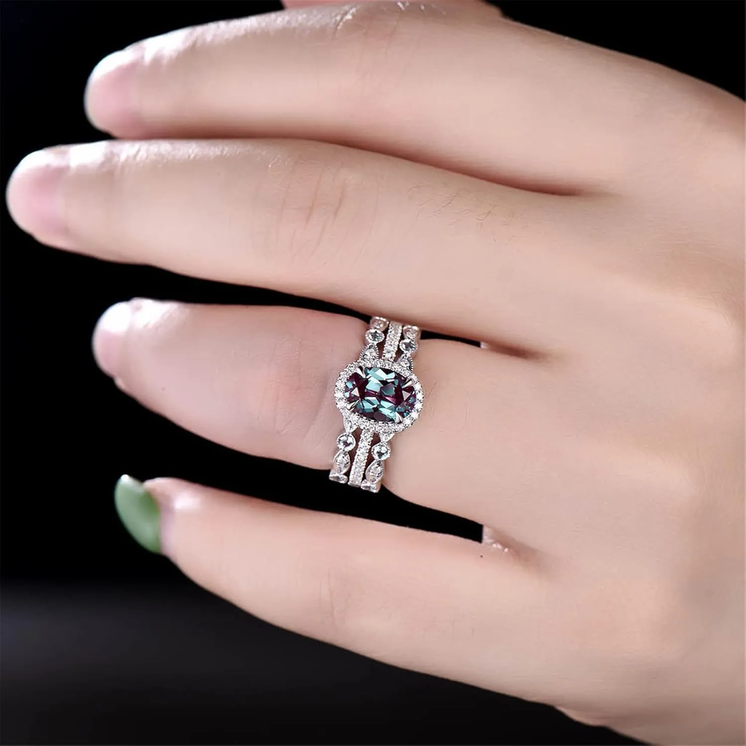 3Pcs Gemstone Rings Set for Women Simulated Diamond Wedding Bands Inlaid Zircon Anniversary Rings Elegant (A, 7)