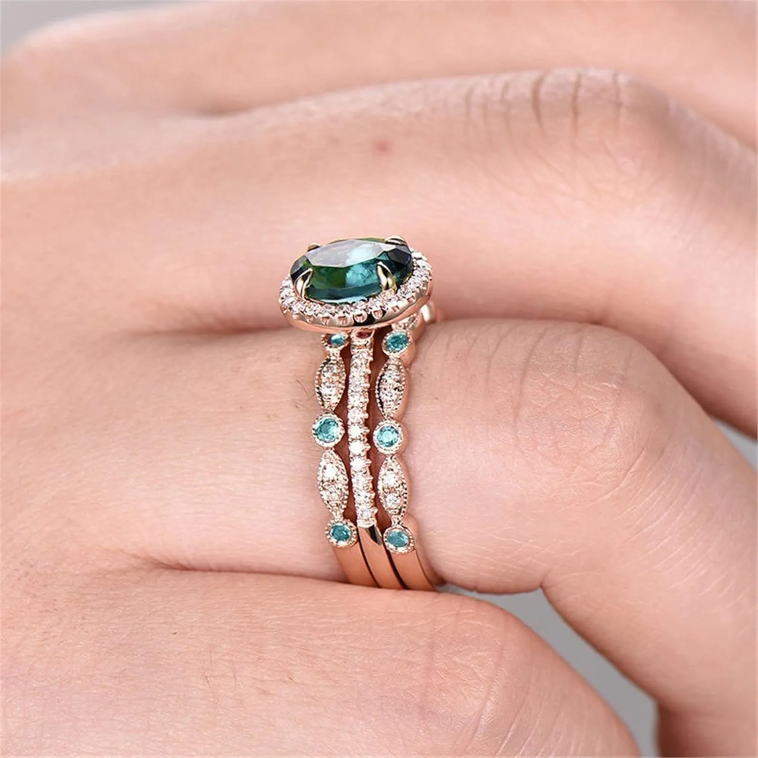 3Pcs Gemstone Rings Set for Women Simulated Diamond Wedding Bands Inlaid Zircon Anniversary Rings Elegant (A, 7)