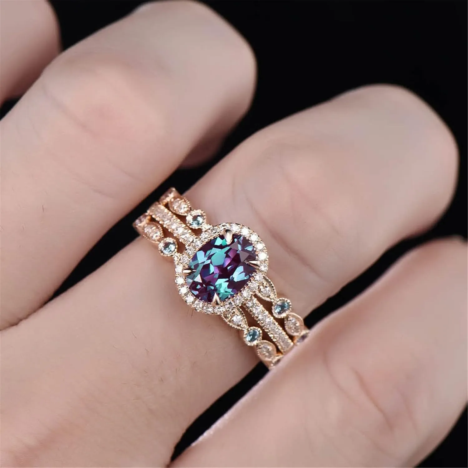 3Pcs Gemstone Rings Set for Women Simulated Diamond Wedding Bands Inlaid Zircon Anniversary Rings Elegant (A, 7)