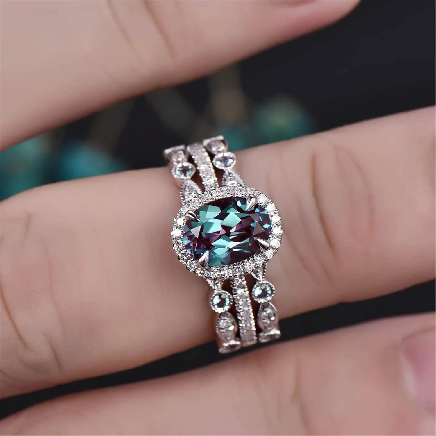 3Pcs Gemstone Rings Set for Women Simulated Diamond Wedding Bands Inlaid Zircon Anniversary Rings Elegant (A, 7)