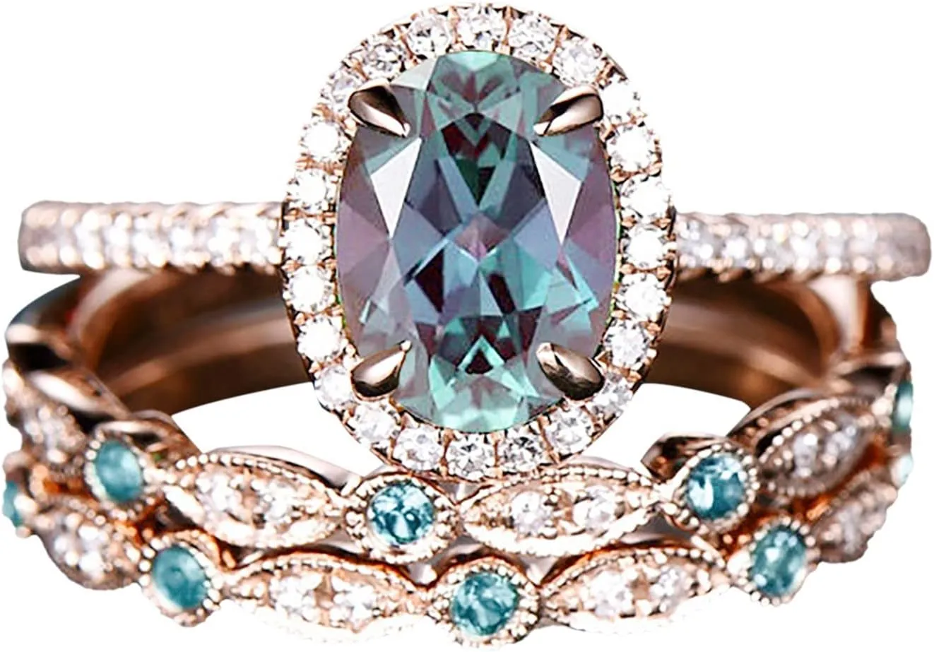 3Pcs Gemstone Rings Set for Women Simulated Diamond Wedding Bands Inlaid Zircon Anniversary Rings Elegant (A, 7)