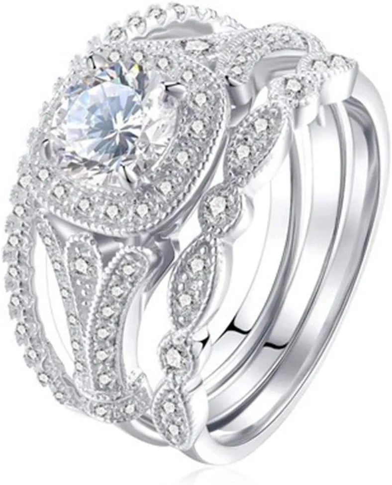 3Pcs Square Cut Princess CZ Cubic Zirconia Ring Set Wedding Bands Elegant Jewelry Women Engagement Rings
