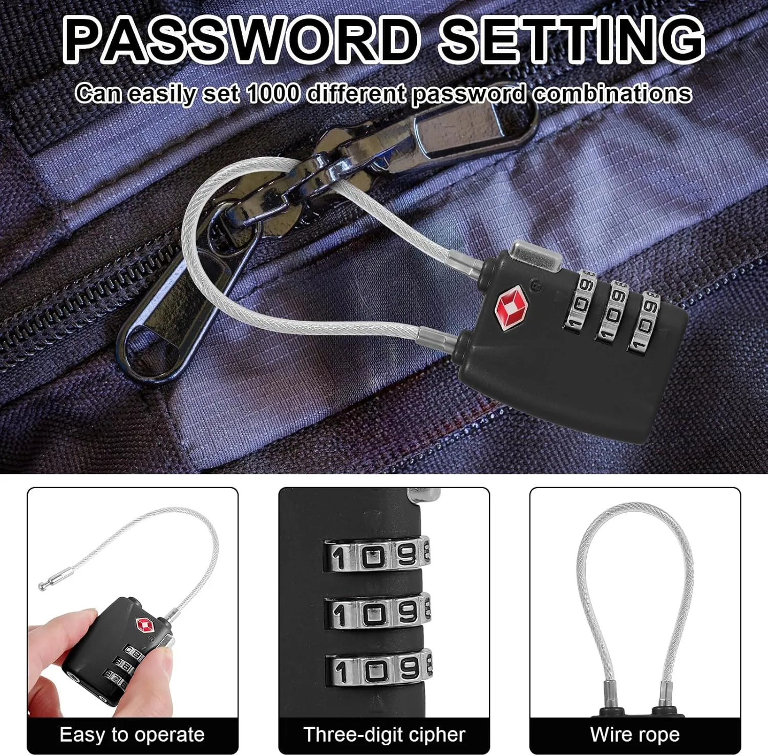 5pcs Cable Luggage Lock, Combination Travel Cable Locks, 3-Digit Padlock Re-Settable Combination Locker, Zinc Alloy Zipper Locks, Waterproof Suitcase Lock for Locker Backpack (Black)