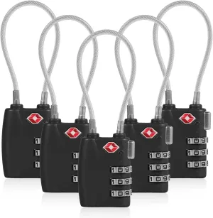5pcs Cable Luggage Lock, Combination Travel Cable Locks, 3-Digit Padlock Re-Settable Combination Locker, Zinc Alloy Zipper Locks, Waterproof Suitcase Lock for Locker Backpack (Black)