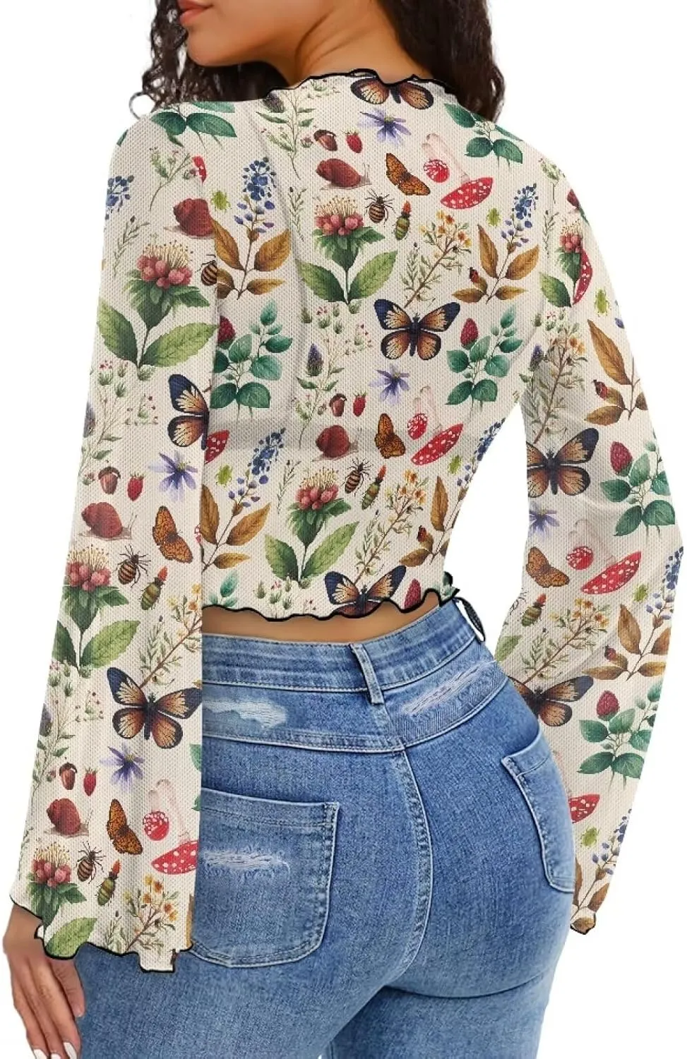 70S Tops for Women Plus Size Bell Sleeve Top Mesh Lettuce Trim Tops Sexy Crop Tops