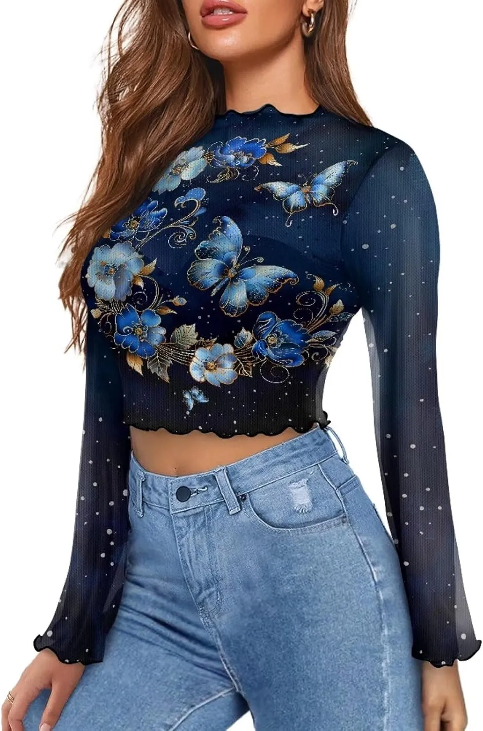 70S Tops for Women Plus Size Bell Sleeve Top Mesh Lettuce Trim Tops Sexy Crop Tops