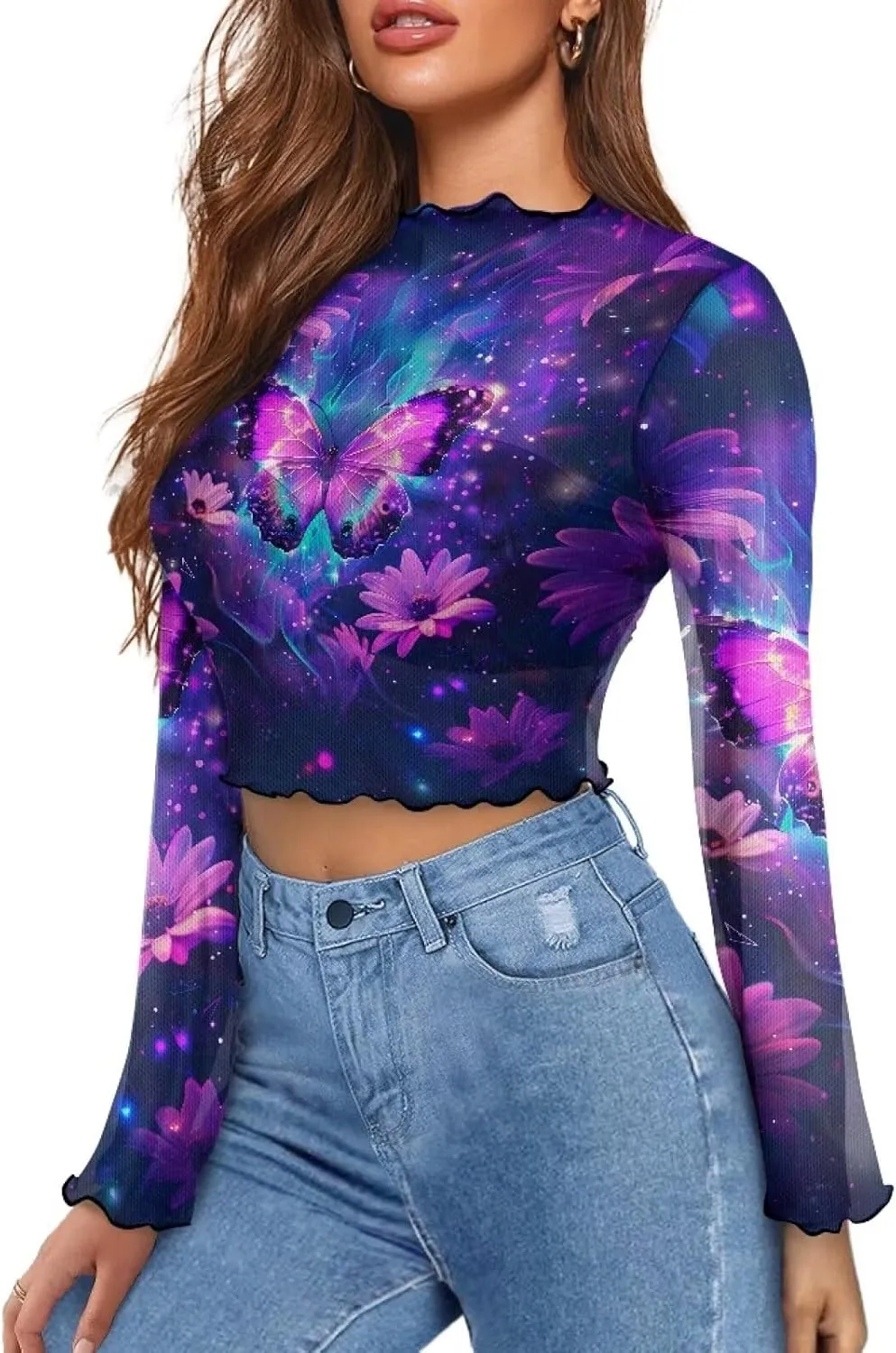 70S Tops for Women Plus Size Bell Sleeve Top Mesh Lettuce Trim Tops Sexy Crop Tops
