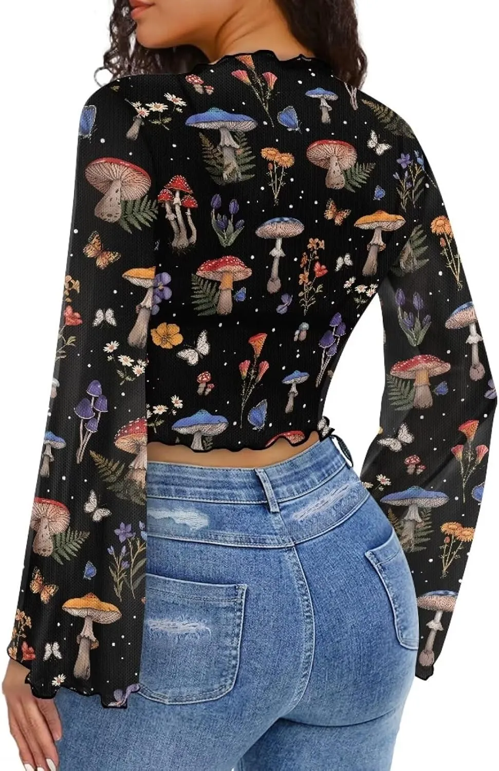 70S Tops for Women Plus Size Bell Sleeve Top Mesh Lettuce Trim Tops Sexy Crop Tops
