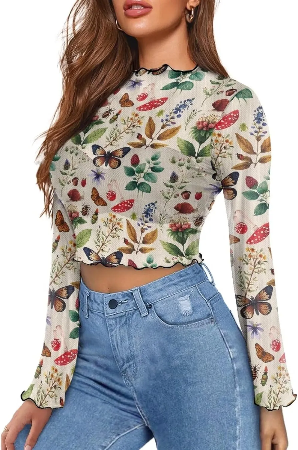70S Tops for Women Plus Size Bell Sleeve Top Mesh Lettuce Trim Tops Sexy Crop Tops