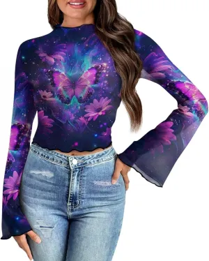 70S Tops for Women Plus Size Bell Sleeve Top Mesh Lettuce Trim Tops Sexy Crop Tops