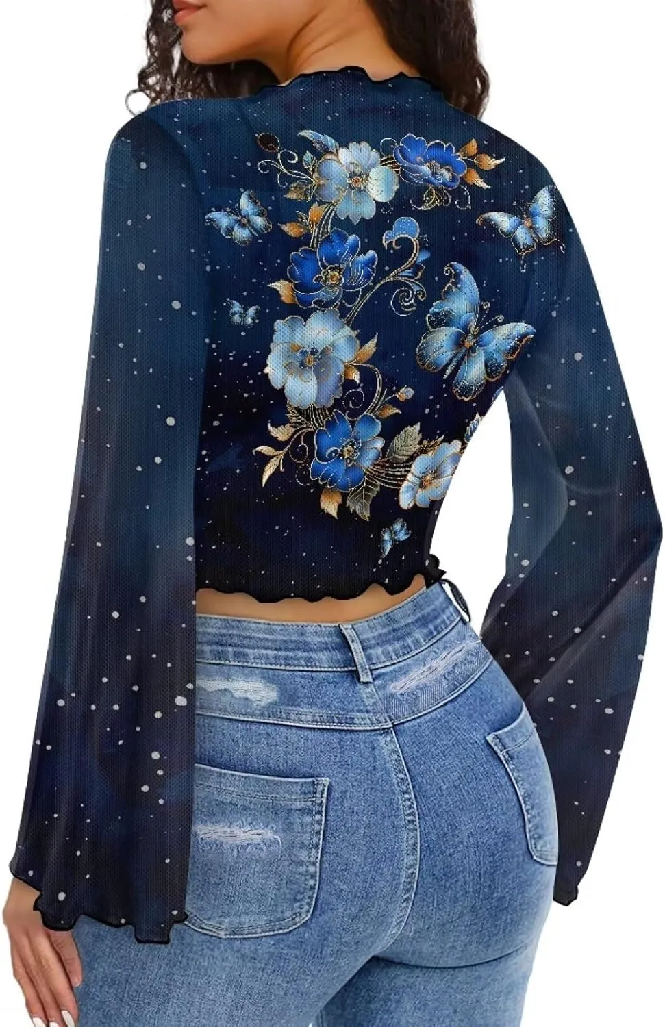 70S Tops for Women Plus Size Bell Sleeve Top Mesh Lettuce Trim Tops Sexy Crop Tops