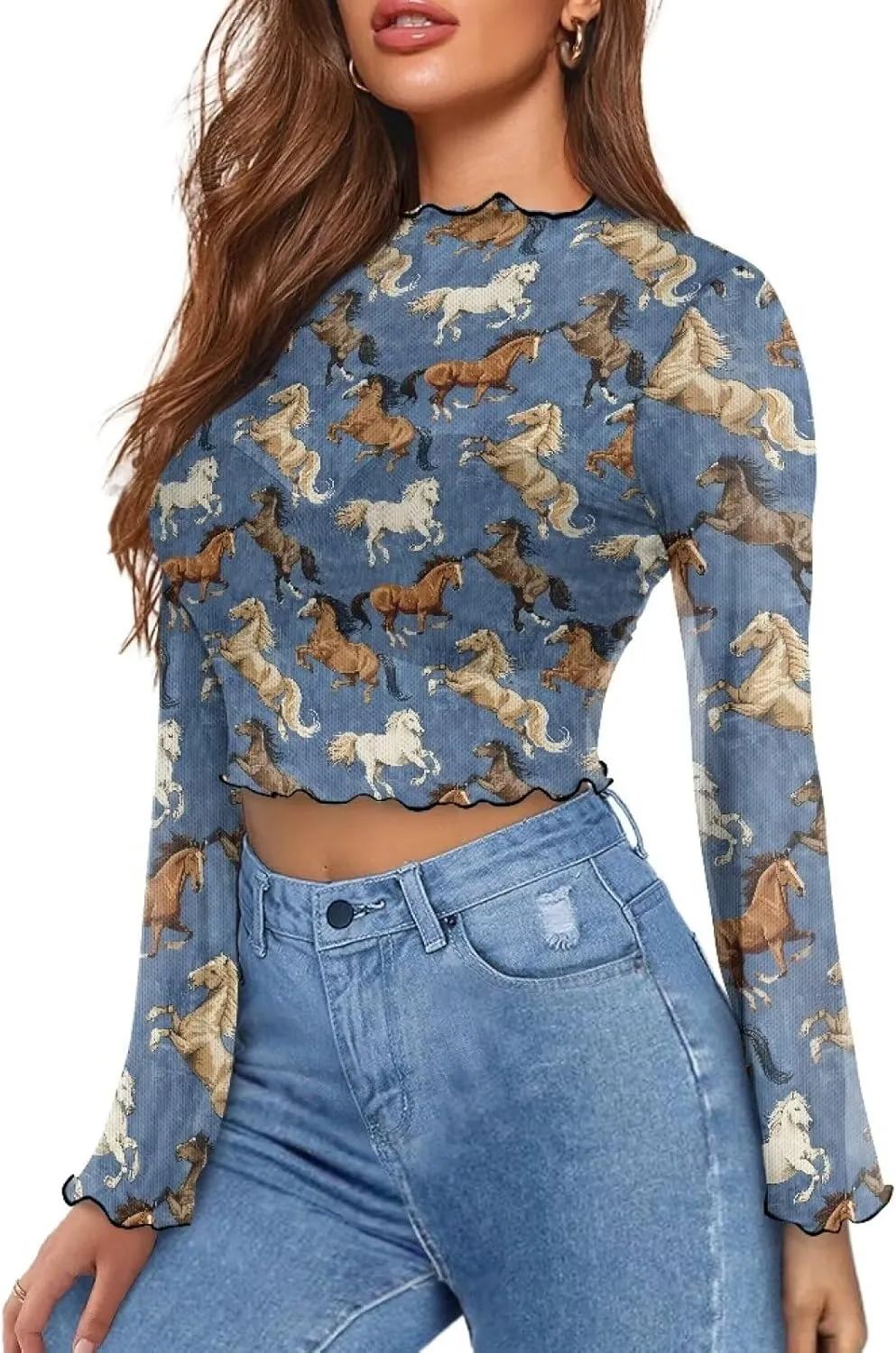 70S Tops for Women Plus Size Bell Sleeve Top Mesh Lettuce Trim Tops Sexy Crop Tops