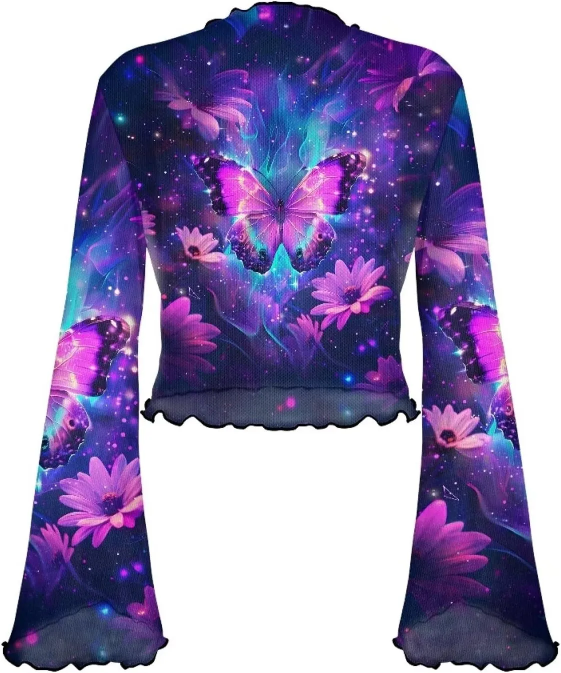 70S Tops for Women Plus Size Bell Sleeve Top Mesh Lettuce Trim Tops Sexy Crop Tops