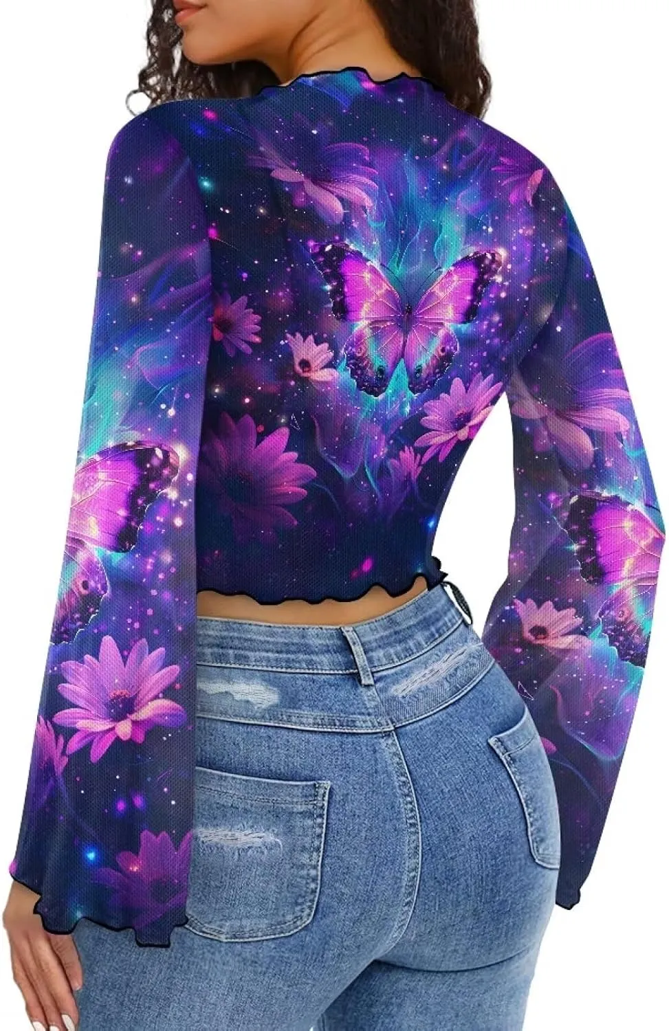 70S Tops for Women Plus Size Bell Sleeve Top Mesh Lettuce Trim Tops Sexy Crop Tops