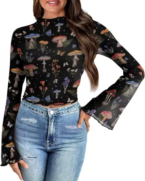 70S Tops for Women Plus Size Bell Sleeve Top Mesh Lettuce Trim Tops Sexy Crop Tops