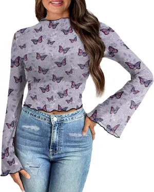 70S Tops for Women Plus Size Bell Sleeve Top Mesh Lettuce Trim Tops Sexy Crop Tops