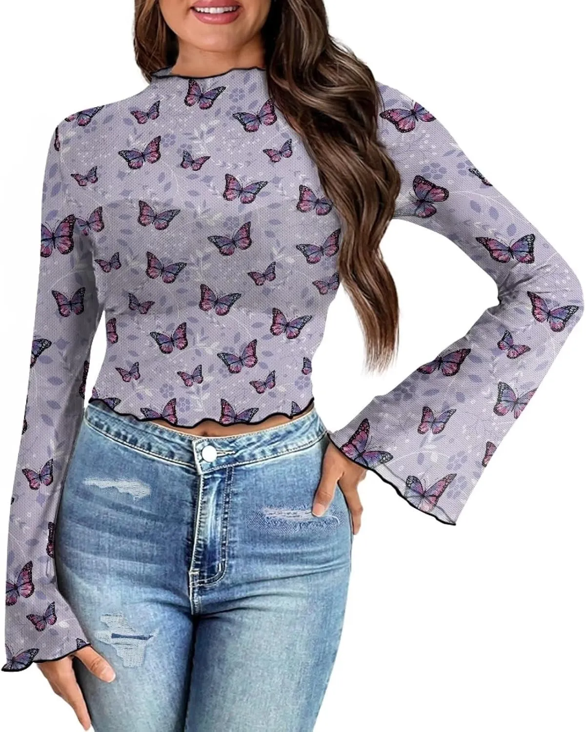 70S Tops for Women Plus Size Bell Sleeve Top Mesh Lettuce Trim Tops Sexy Crop Tops