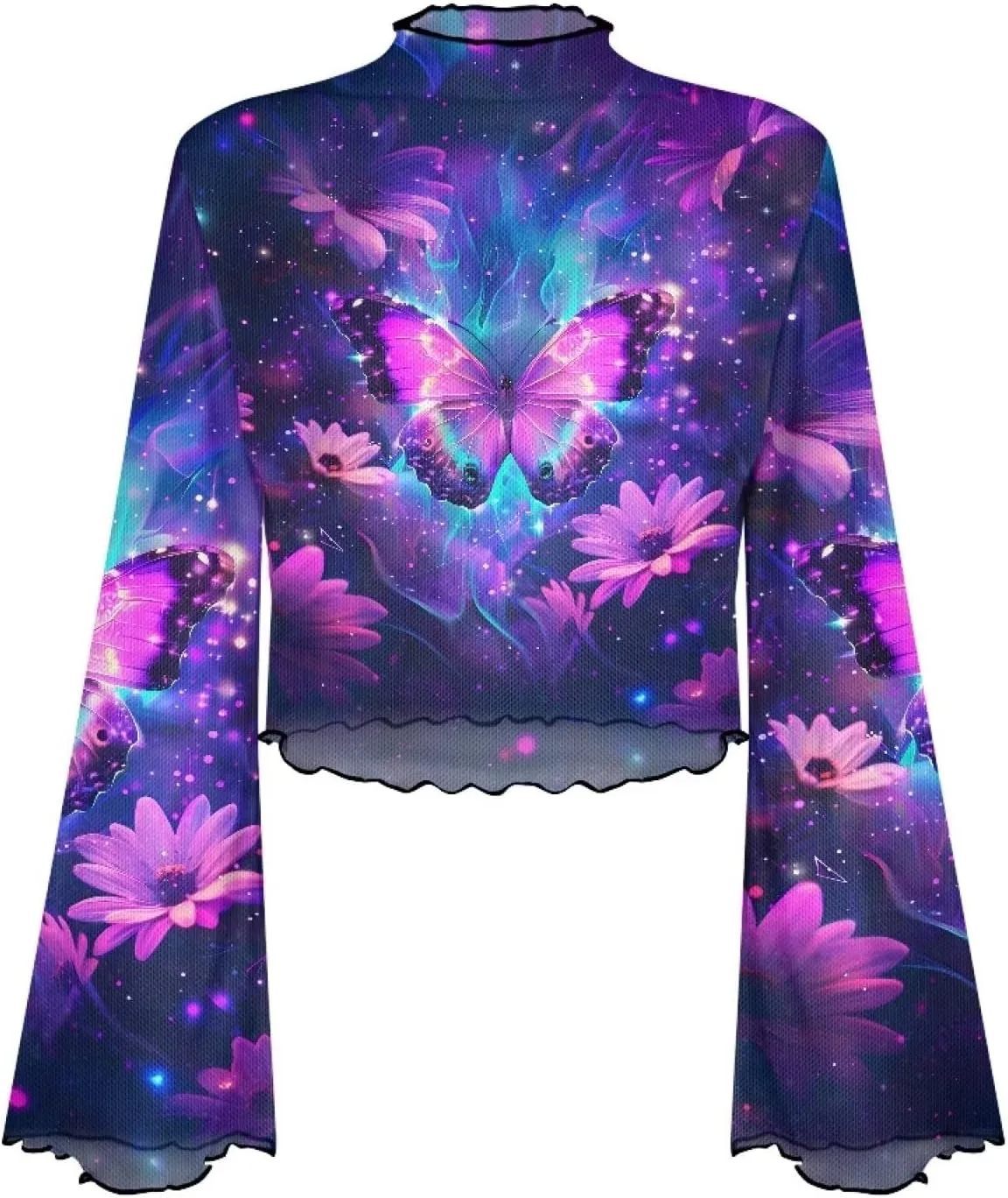 70S Tops for Women Plus Size Bell Sleeve Top Mesh Lettuce Trim Tops Sexy Crop Tops
