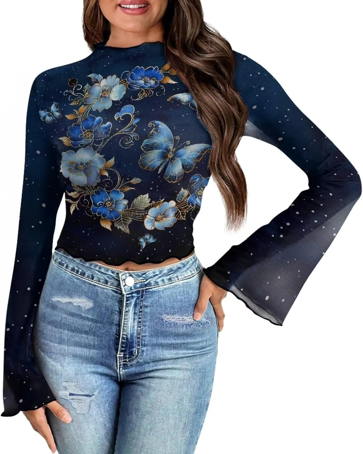 70S Tops for Women Plus Size Bell Sleeve Top Mesh Lettuce Trim Tops Sexy Crop Tops