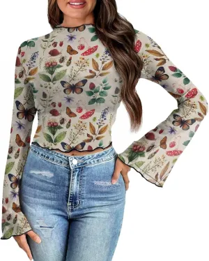 70S Tops for Women Plus Size Bell Sleeve Top Mesh Lettuce Trim Tops Sexy Crop Tops