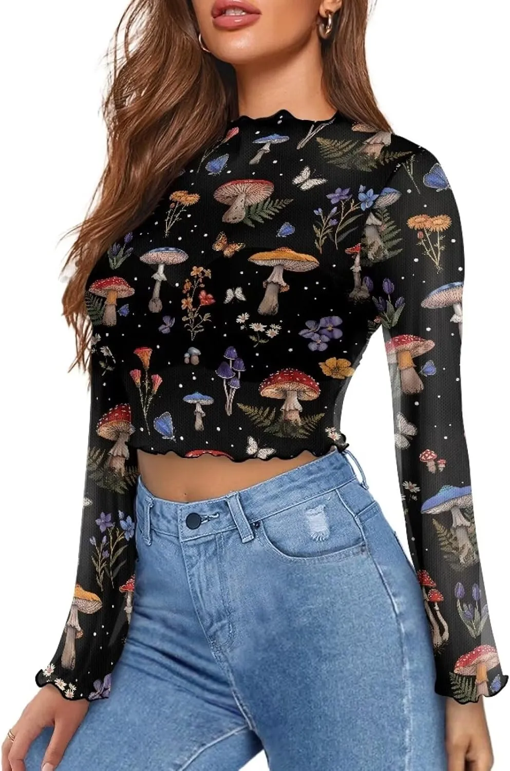 70S Tops for Women Plus Size Bell Sleeve Top Mesh Lettuce Trim Tops Sexy Crop Tops
