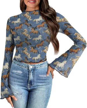 70S Tops for Women Plus Size Bell Sleeve Top Mesh Lettuce Trim Tops Sexy Crop Tops