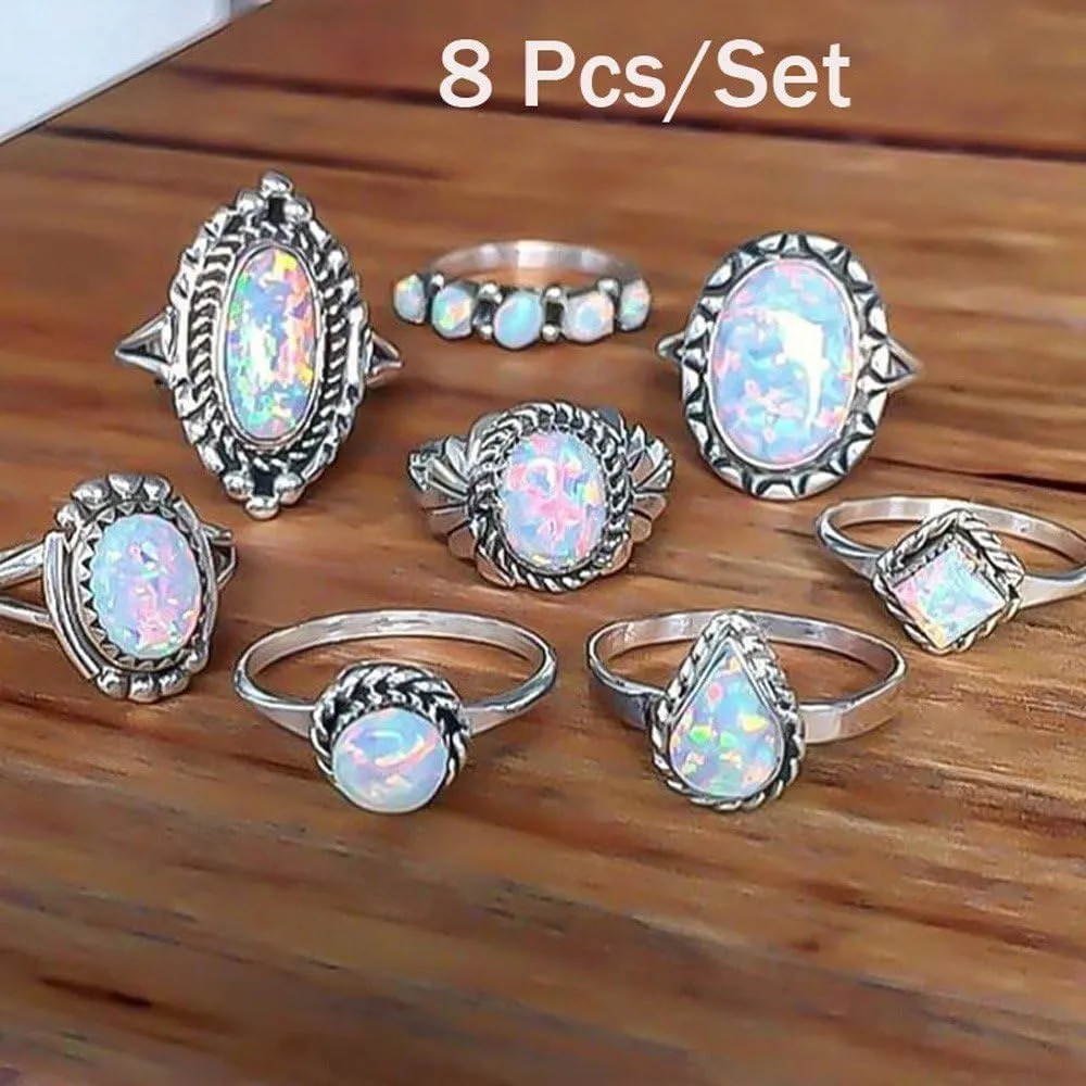 8pcs Opal Rings Set for Women Simulated Gemstone Ring Wedding Engagement Band Stackable Rings (Silver, one Size)
