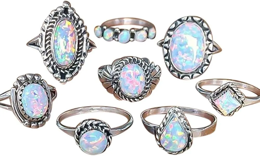 8pcs Opal Rings Set for Women Simulated Gemstone Ring Wedding Engagement Band Stackable Rings (Silver, one Size)